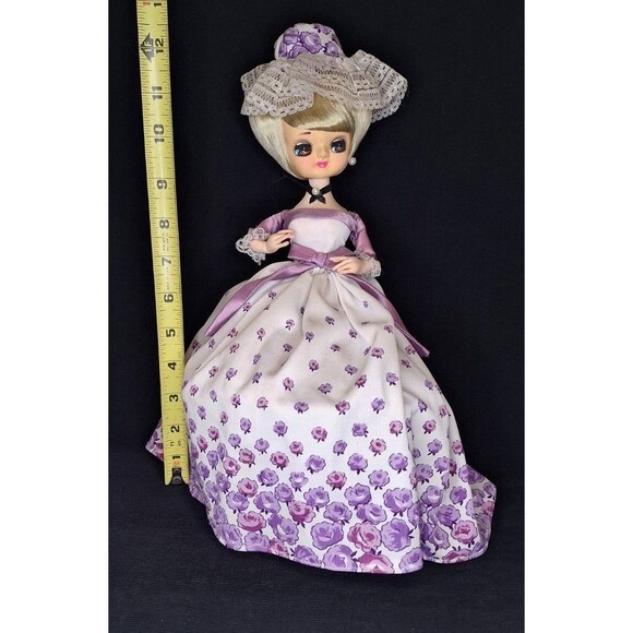 Vintage Doll Big Eyes Blue Southern Bell Dress Purple Lavender Needs TLC MCM - Picture 2 of 7